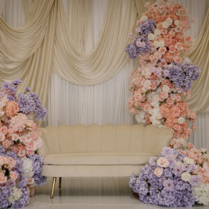 purple white orange sofa stage decor